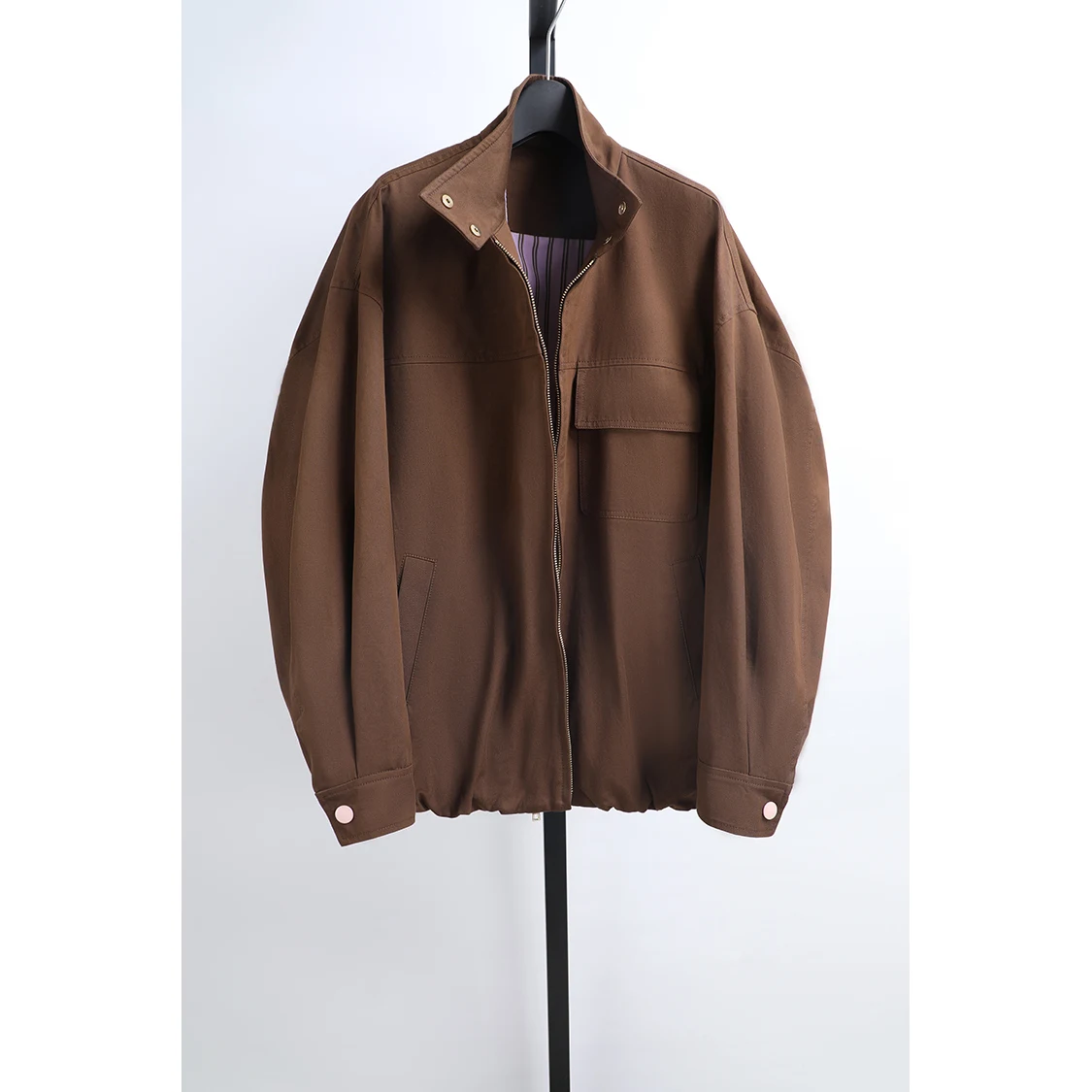 Casual Sle Stand Collar Jaet Women's Loose Fit Cotton Long Sve Zipper Closure Elastic Bot Hem Spring New Arrival