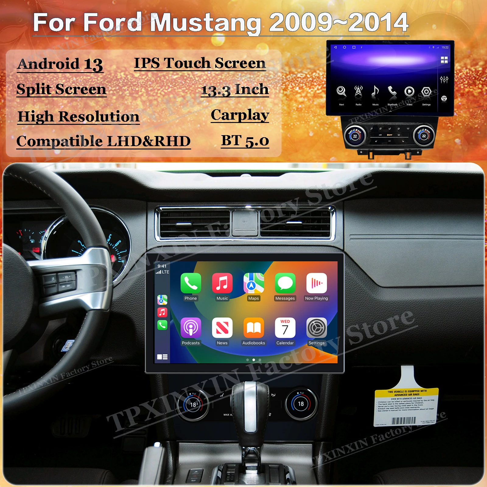 13.3 Inch Android Auto Multimedia For Ford Mustang 2009~2014 GPS Intelligent Navigation Car Radio Stereo Receiver IPS Head Unit