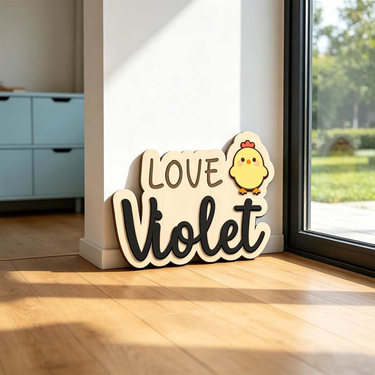 1pc wooden logo, customized name/letter, cartoon chicken pattern, ideal gift for birth, baptism, and wall decoration