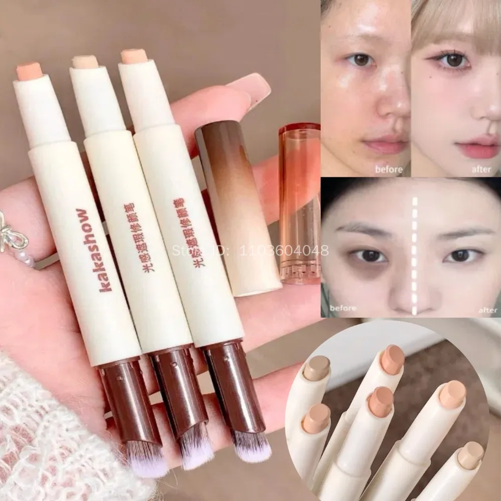 Pluma correctora facial de doble cabeza con pincel, cubierta duradera, Corrector de ojeras, correctores de contorno, barra para iluminar el maquillaje facial