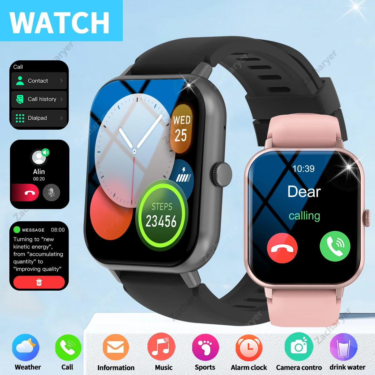 Smart watch, multi-sport mode, call reminder, message reminder, custom wallpaper, compatible with iPhone/Android