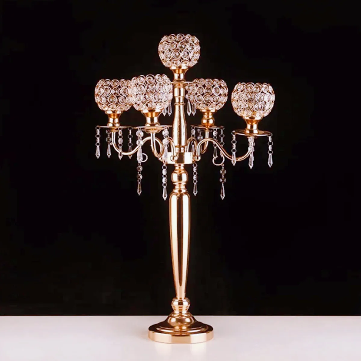 

10pcs/5pcs European elegant new tall 5 arms wedding gold crystal candelabra for wedding decoration centerpiece