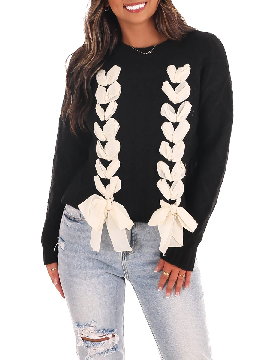 Pull ras du cou à manches longues avec nœud papillon pour femme, pull en tricot au crochet, pull en tricot mignon, tricots roses, Y2K