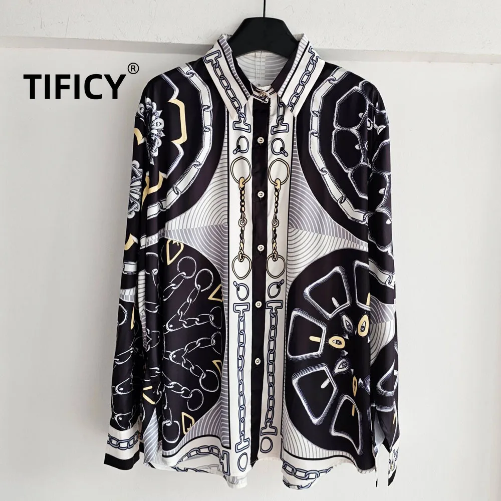 High Street Shirts Women's Light Luxury Chain Positioning Printed Long Sleeved Streetwear Fashion Shirt Top