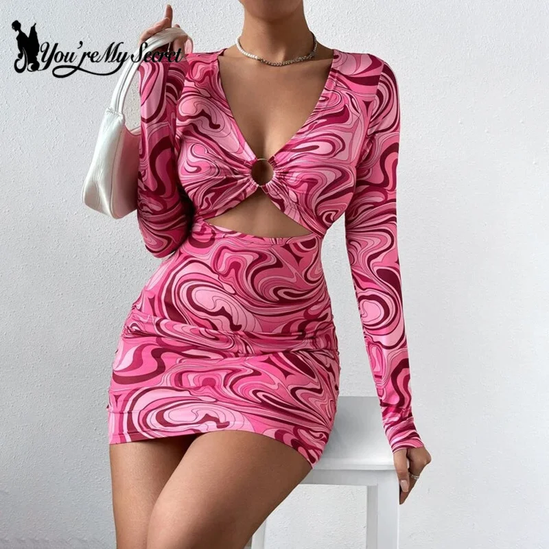 Women Sexy Long Sleeve Leopard Print Hollow Out Slim Cut Out Backless Party Mini Dress Vestidos 2024 Summer