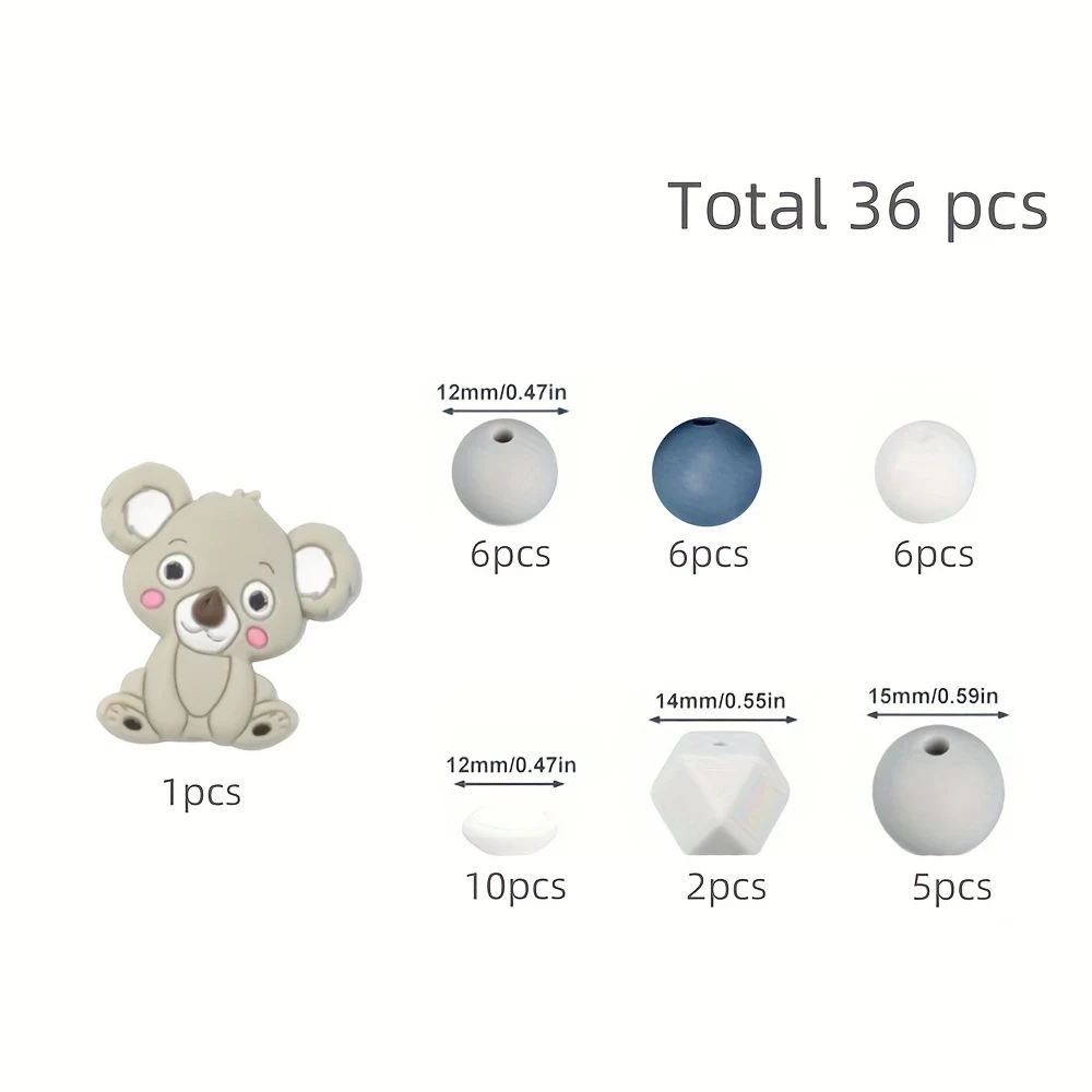 36 Pcs Silicone Koala Focal Beads with Round Bead Kit for DIY Keychains, Jewelry Making, Beaded Pens, Bracelets, and Holiday