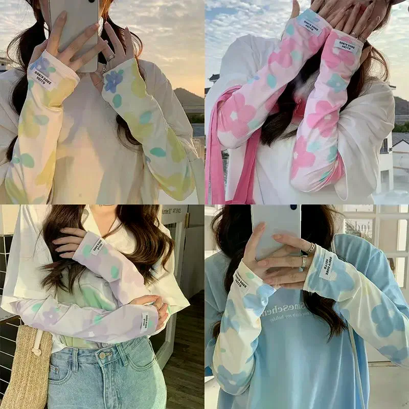 Sun UV Protection Arm Sleeves Flower Printed Soft Fabric Ice Silk Cooling Sports Sleeves For Women Girls Outdoor Traveling