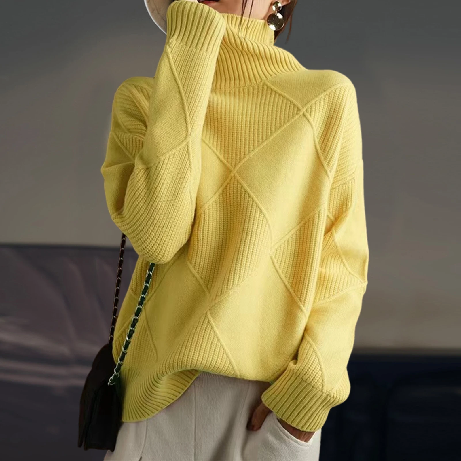 Loose Solid Turtleneck Pullover Sweater Women Winter Thicken Stringy Selvedge Crochet Tops Female Fashion Warm Knitetd Sweaters