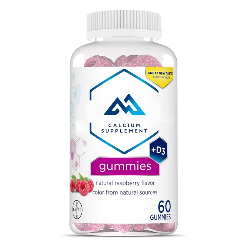 Calcium supplement gummies, containing vitamin D3, supporting bone health, natural raspberry flavor, 60 capsules