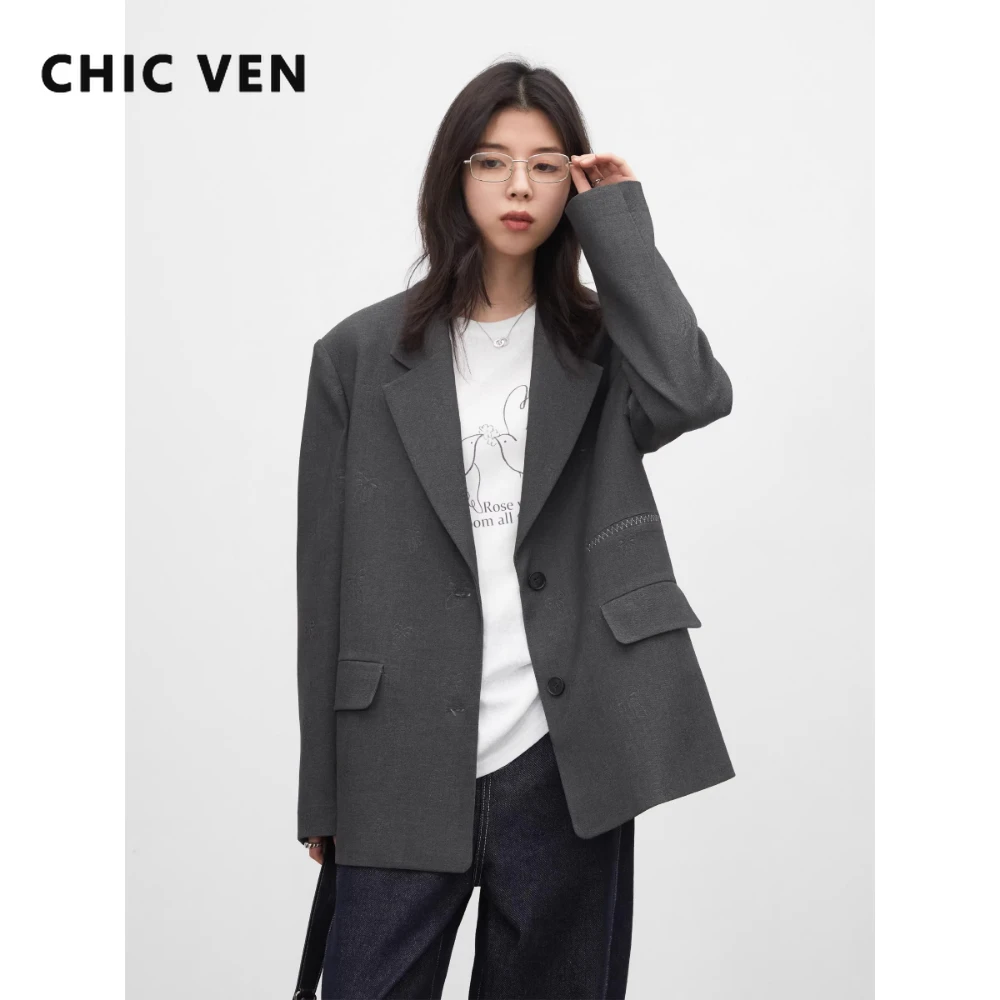 

CHIC VEN Fashion Women Blazers Loose Casual Design Bow Embossed Office Ladies Suit Jacket Gray Spring Autumn 2026 Female Coat