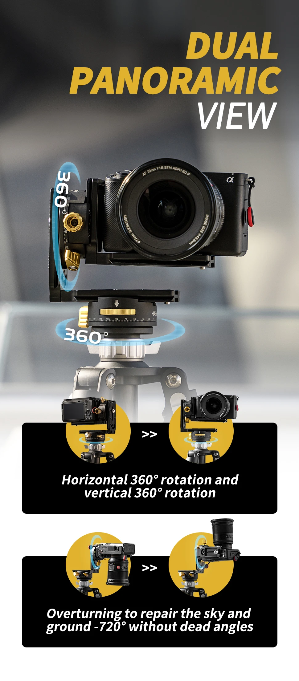 MECO DISE 720VR Panoramakopf, 360° ° Doppel-Indexierungs-Gimbal für Kamera 3D-Panorama-Video-Splicing Stativhalterung Foto-Zubehör – Detail 3