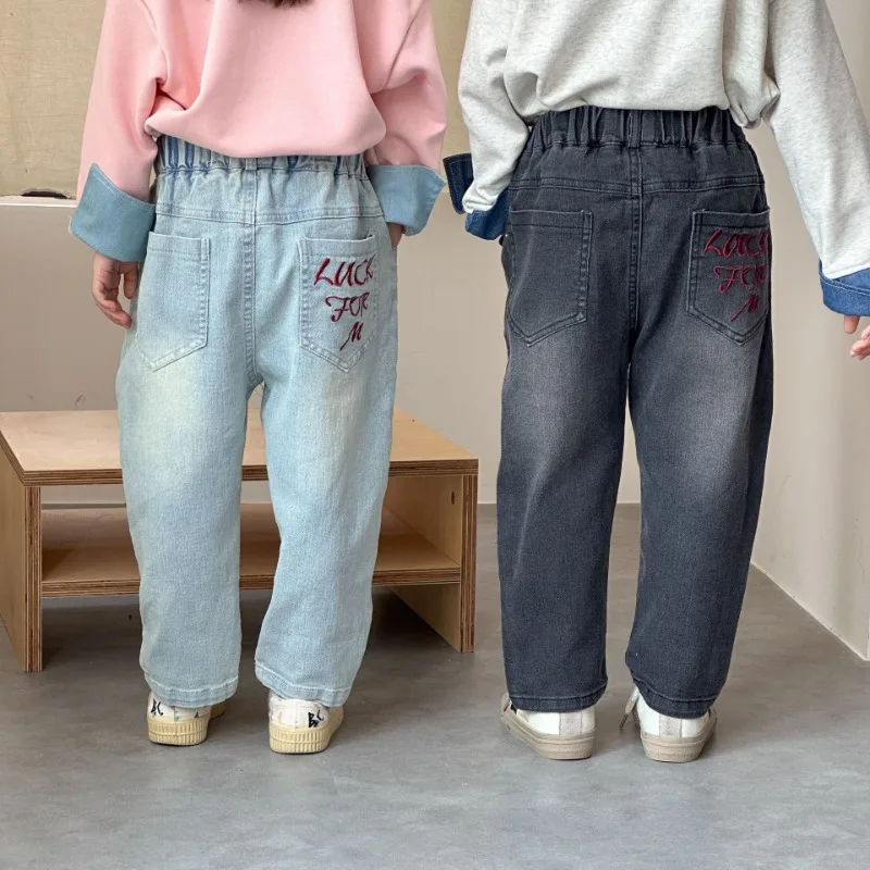 2025 New Sping Autumn Solid Kids Boys Denim Pants Fashion Girls Jeans Children Clothing Pocket Embroidery Trousers for 1-8 Years
