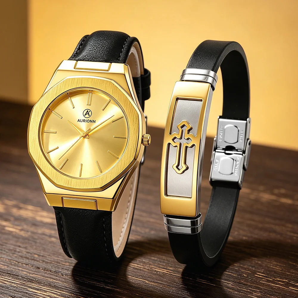 2pcs  Men FashionQuartz Watch Bracelet, PU Leather Strap, Perfect Choice For Father's Day And Birthday Gifts, Eid Al Adha
