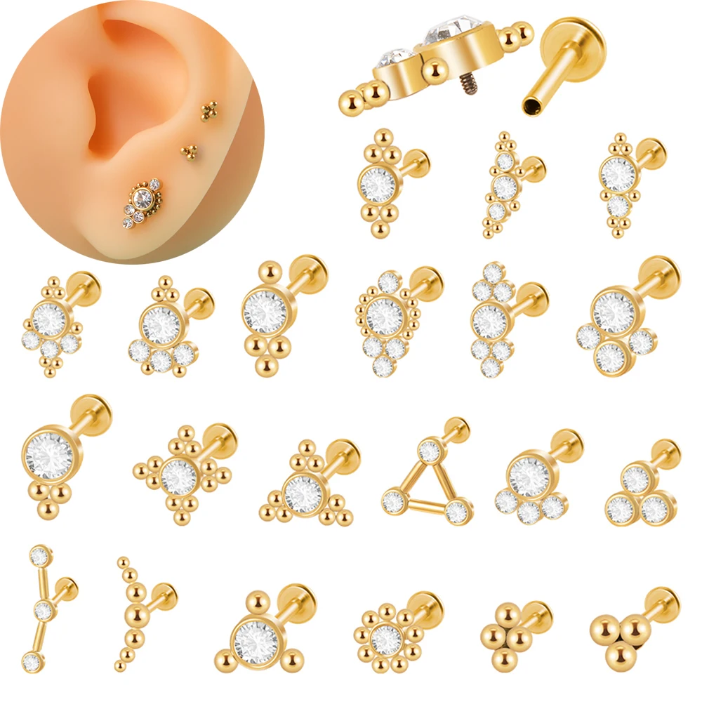 1piece Pure Surgical Steel Gold Plated Labret Crystal Cluster Helix Tragus Cartilage Flat Base Ear Studs Piercing Jewelry 16G