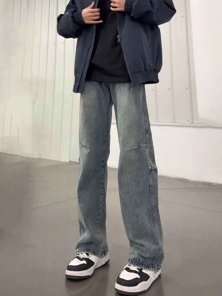 

Мужские джинсы в стиле ретро с синими заклепками и угловыми вырезами, американский дизайн High Street, прямые зауженные брюки, повседневные свободные джинсы