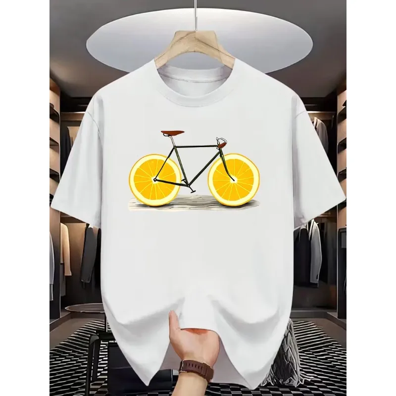 Creative Orange Slice Wheel Bicycle Print T-Shirt Casual Crew Neck Short Sleeve Funny Fruit Bike Lover Top for Daily Wear