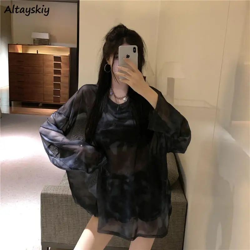 Women T-shirts Chic Tie Dye Sheer Loose Leisure Tops All-match Sunscreen Vintage Ulzzang Seductive Temper Trendy Summer New 2024