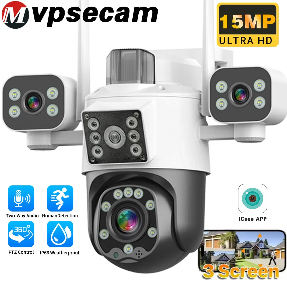 

15MP 3-Lens 3-Screen Outdoor Security Camera with 360° PTZ, WiFi 2K Ultra HD, Smart Motion Tracking, Night Vision, 2-Way Audio