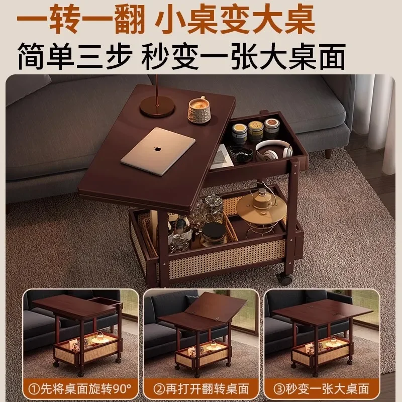 for Multifunctional Small Side Table Foldable Rotating Solid Wood Coffee Table Living Room Storage Tea Table Wood Three Proof