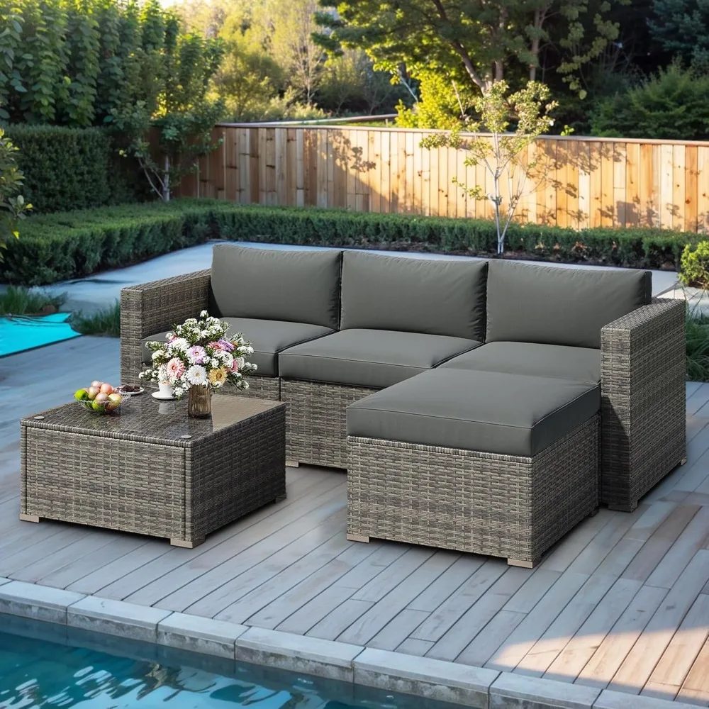 

5-Piece Patio Furniture Set, Wicker Modular Outdoor Sectional Sofa with Cushions and Coffee Table,All Weather Patio Conversation