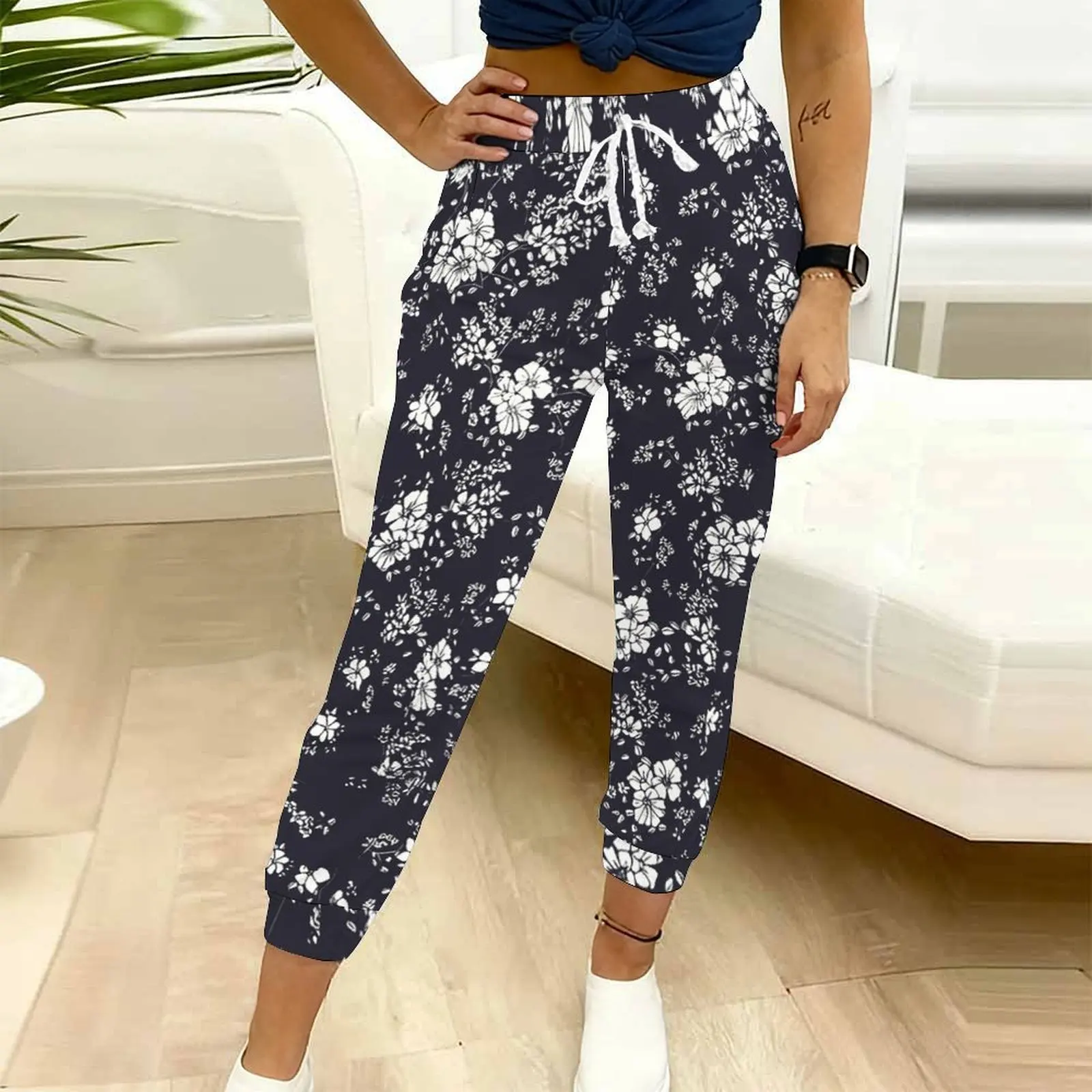 Women's Casual Classic Print Drawstring Pocket Pants Autumn Winter Fashion Sport Pants Slim Versatile Trousers