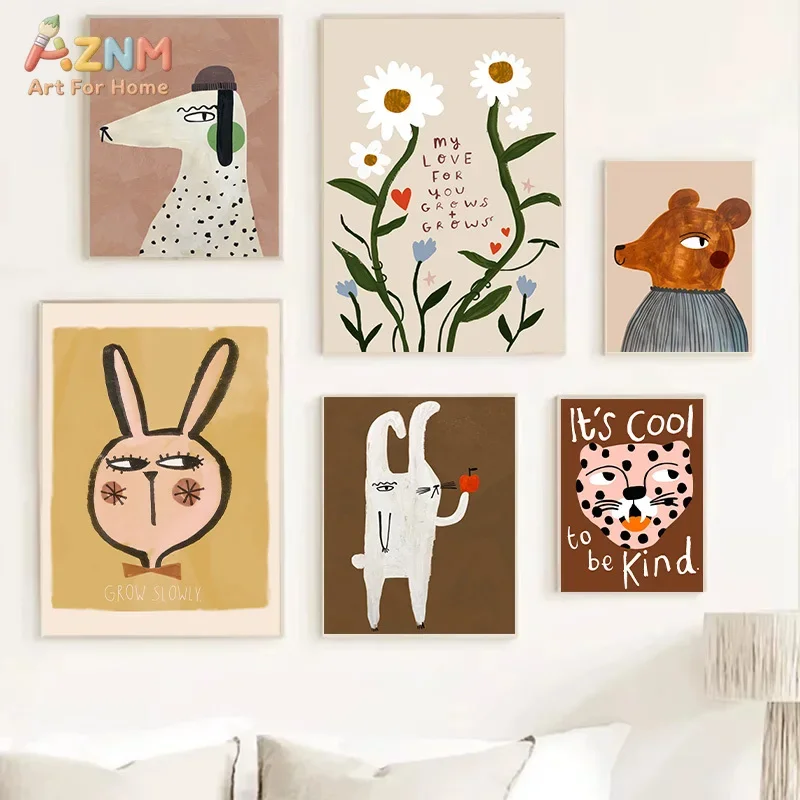 AZNM Frameless Canvas Poster Cute Cartoon Animal Print, Rabbit Bear Leopard Daisy Floral Hand Drawn Illustration Wall Picture fo