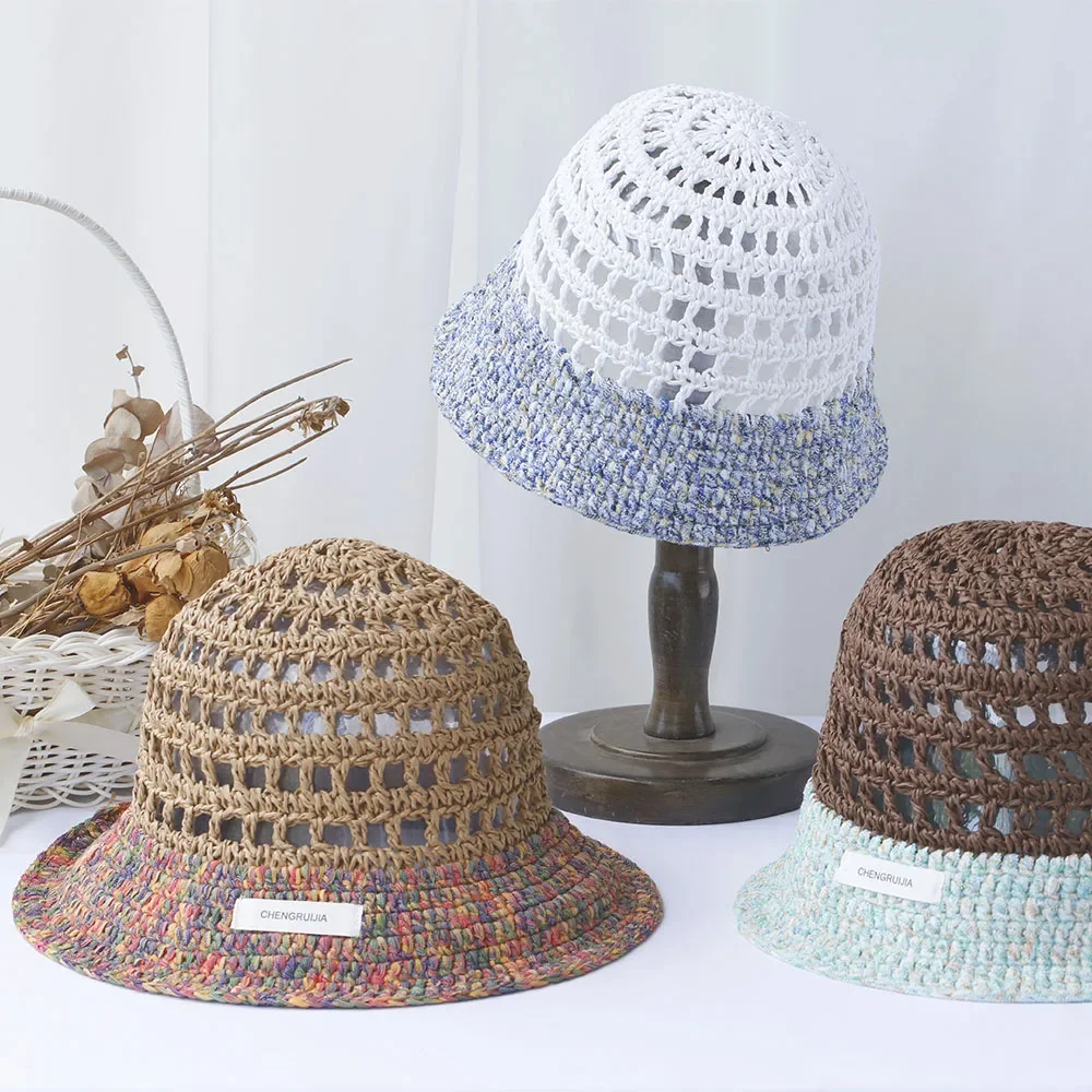 

Hollowed out sun hat fashion Style bucket hat Multicolor Foldable Sun Crochet Hat For Beach Travel Vacation handmade straw hat