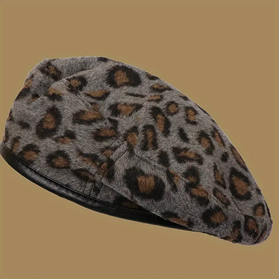 Leopard Print Felt Hat Autumn Retro Women\'s Hat Windproof and Warm Hat Adjustable Rope Women\'s Winter Casual Brimless Cap