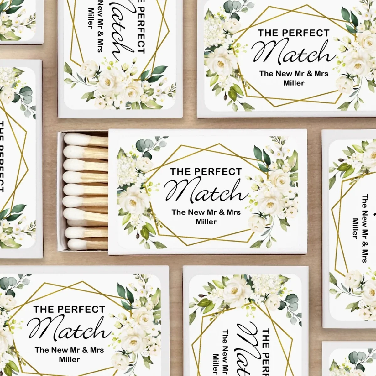 

Wedding Favor Matches, "Perfect Match" Personalized Matches, Personalized Matchboxes, Geometric Florals -Set of 50