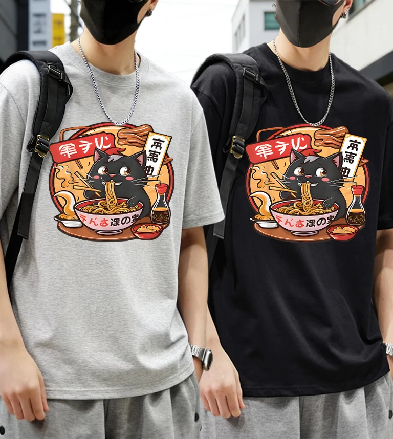 

Cat Enjoying Delicious Lamian Noodles Pattern Man'S Summer Comfy T-Shirt Set Cotton Fashion Street Tshirts Loose Sport Clothes