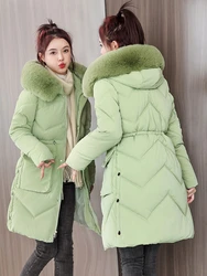 2023 Mid Length Snow Jacket Hooded Down Cotton Padded Winter Women Parka Slim Waist Drawstring Big Pocket Thick Warm Coat Solid