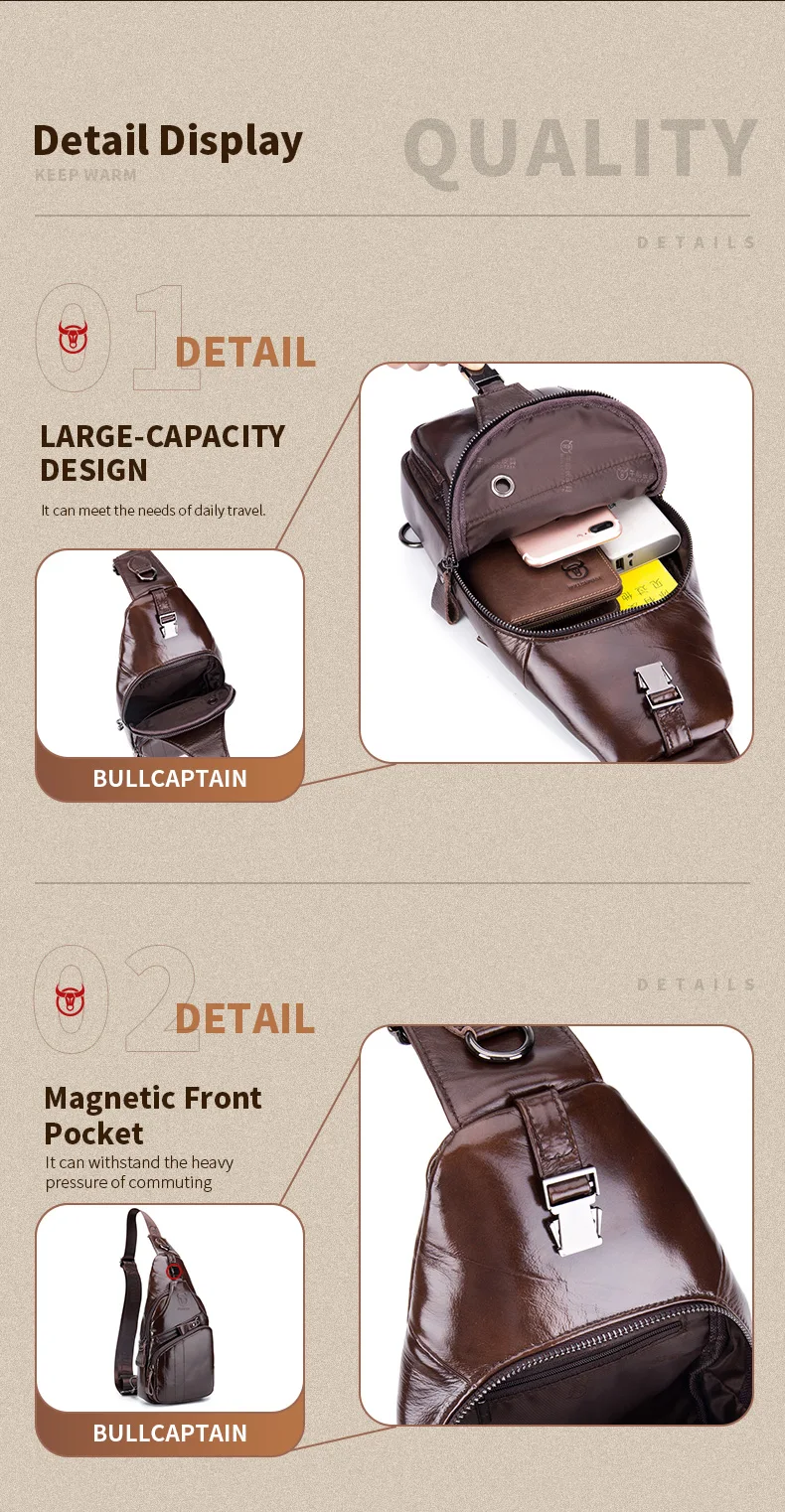BULLCAPTAIN Tasche Echtes Leder Brusttasche Herrenmode Stil Casual Straddle Bag Business Große Kapazität Leder Herrengepäck – Detail 10
