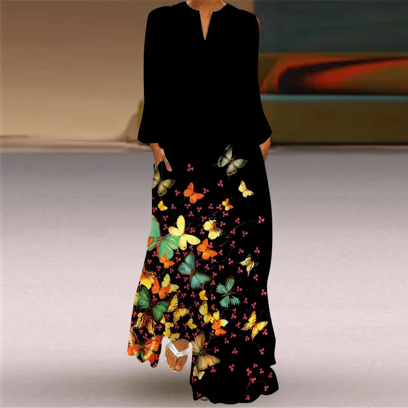 

Black Fashion Long Sleeved Women's Dress Butterfly Print Autumn New Long Skirt V-neck Pullover Loose Pocket 2024 Vestidos Mujer