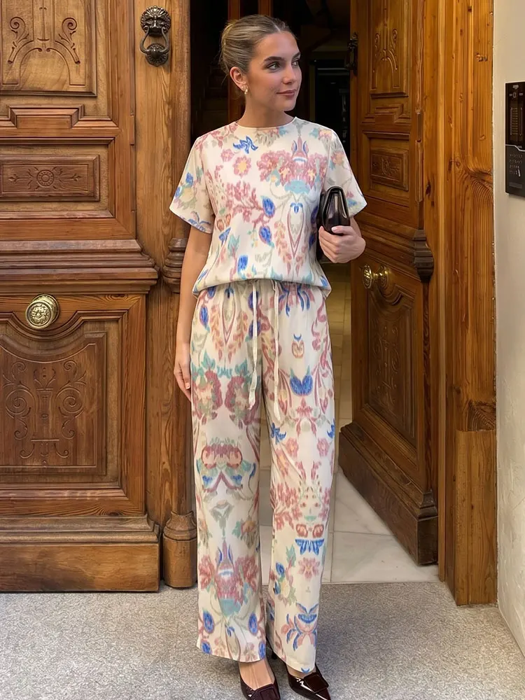 HH Womens Print 2 Piece Short Sleeve O-Neck Shirt Zipper Fly Trousers for Street Date Casual Elegant Streetwear Vacation Outings