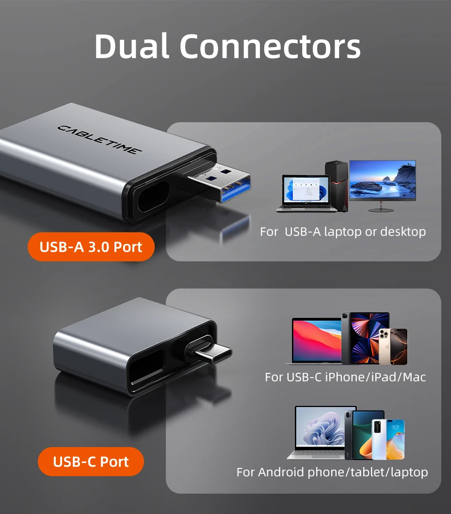 CABLETIME SD4.0 Kartenleser 3 IN 1 312 MB/s 5 Gbit/s USB A & USB C auf SD/TF Speicherkartenadapter für Laptop, Telefon, MacBook – Detail 3