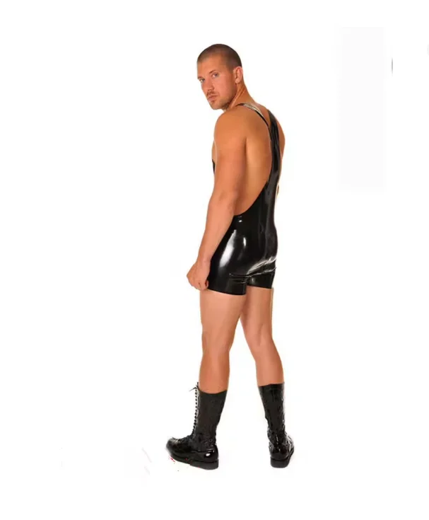 Handmade Sexy Male Black Natural Latex Catsuit Rubber Jumpsuit Tank Vest with Crotch Zipper Short Pants Masculine Charm Cosplay view 2