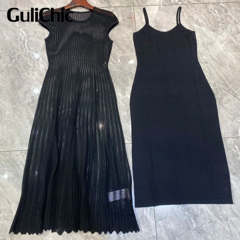 GuliChic-Women\'s Hollow Out Pleated Dress with Camisole Lining, O-Neck Cap-Sleeves, Elegant Dresses, Lady Fashion, High Quality,