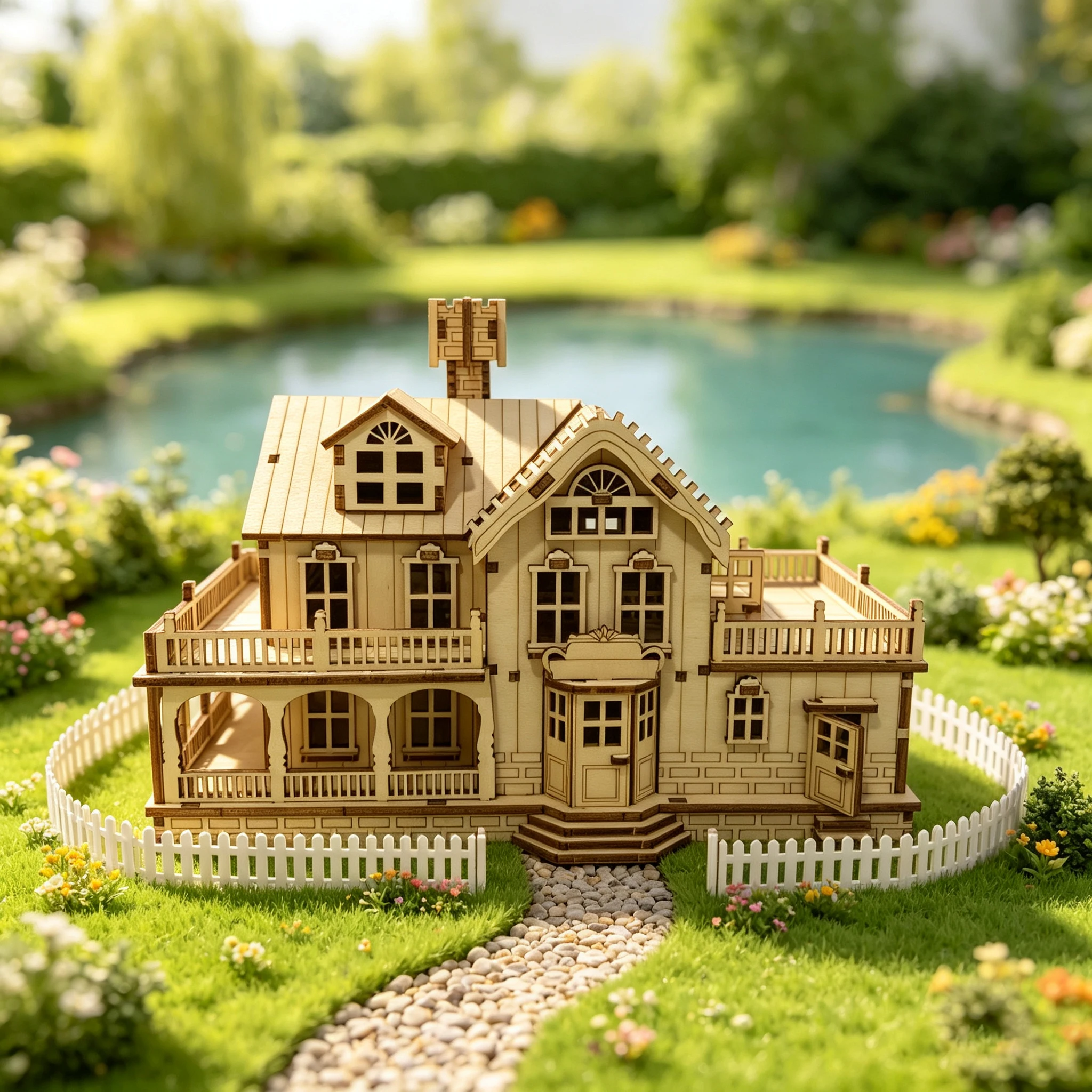 European Villa 3D Wooden Puzzle Model, DIY Mansion House with Balcony Desktop Collectible Decor