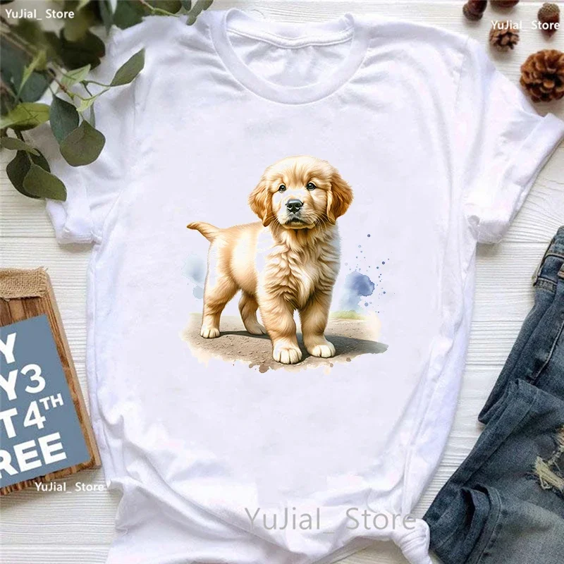 Cute Golden Retriever Puppy Dog Printed T Shirt Girls Summer Fashion Tops Tee Shirt Femme Harajuku Kawaii Clothes T-Shirt