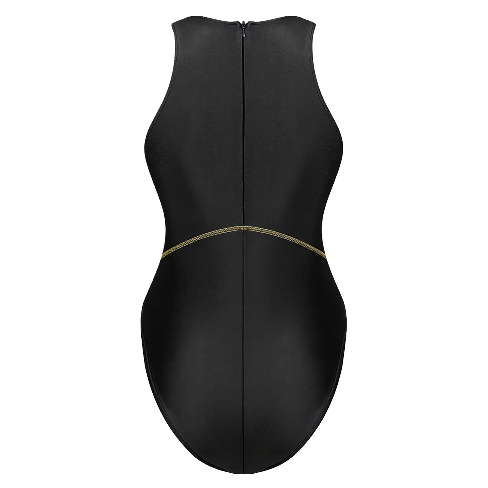 Damen-Badeanzug, ölig glänzend, einteilig, glänzende Farbblocknähte, ärmellos, hoch geschnittener Bodysuit, Schwimm-Badeanzug – Detail 6