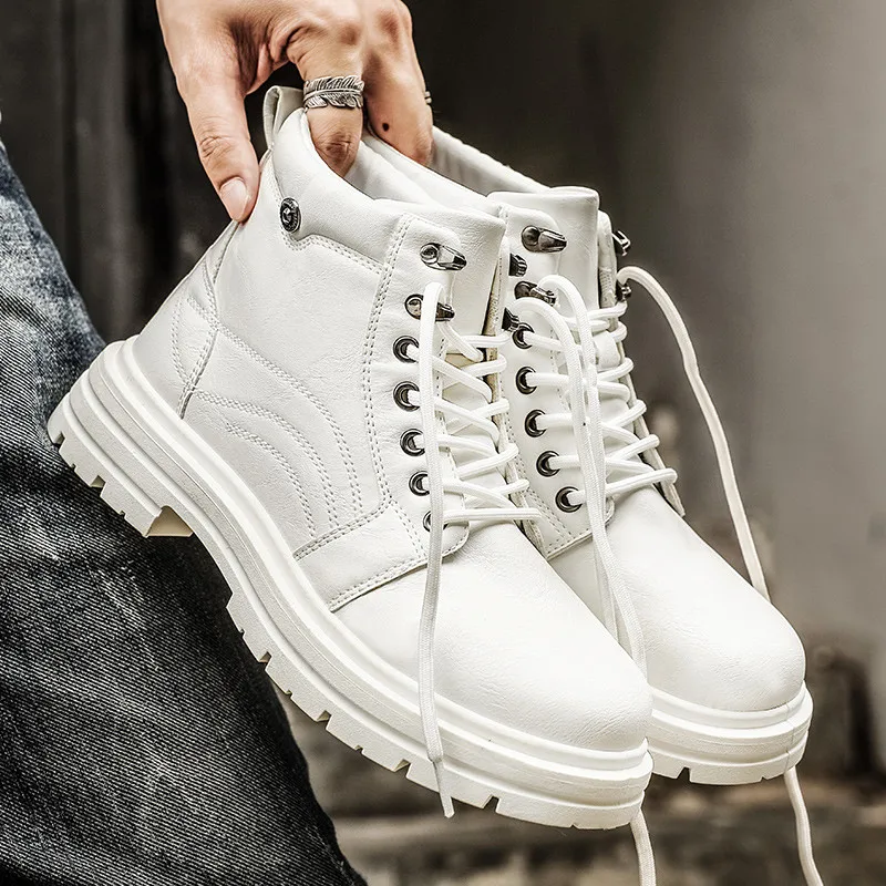 

Fashion White Leather Boots For Men Original Platform Ankle Boots Man Comfortable Casual High Top Men's Boots botas para hombre