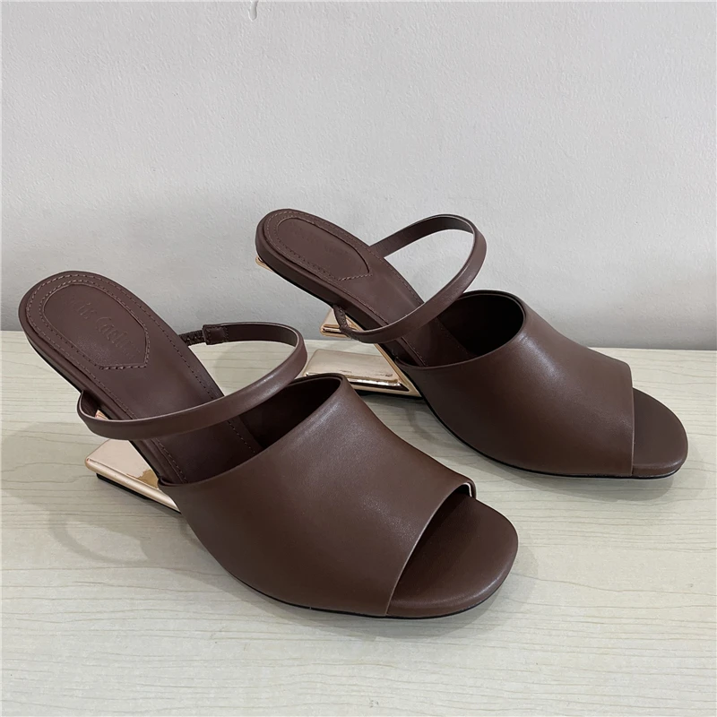 Brown Women Slippers Peep Toe Gladiator Sandals Letter Strange Heel Lady Dress Pumps Summer Outside Mules High Heel Wedge Shoes