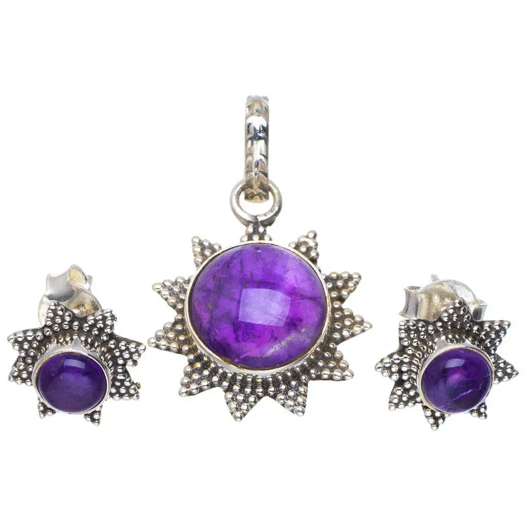 

StarGems® Natural Amethyst Handmade Unique 925 Sterling Silver Jewelry Set Pendant 1.25" Studs 0.5" A3759