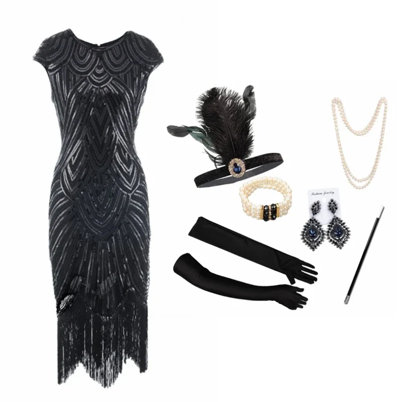 Vintage 1920s Sequin Fringe Charleston Dress Great Gatsby Sexy Women Evening Party Shining Bling Bling Tassel Dress New