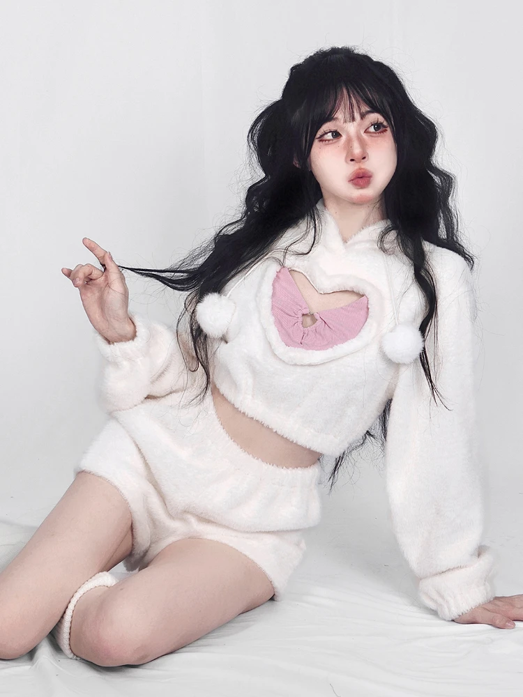 Warm White Sweet Two Piece Set Women Korean Style Kawaii Cute Short Set Female Lolita Japanese Hoodie + Short Suit Autumn 2023