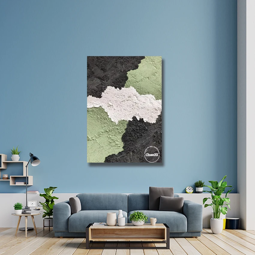 لوحة زيتية كبيرة مرسومة يدويًا بنسبة 100%، لوحة زيتية سميكة الملمس، لوحة جدارية بتصميم أخضر على القماش عمل فني فاخر، بدون إطار