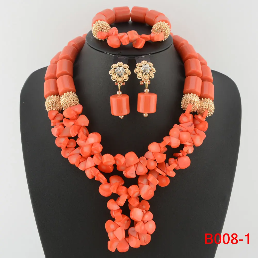 Fashion Nigeria New Wedding Couple Jewelry African Bride Marriage Necklace Natural Red Coral Jewelry Set