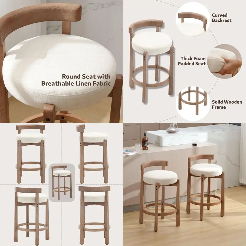 

Пара из 26 деревянных барных стульев с льняными сиденьями для кухонного острова или домашнего бара, бежевые