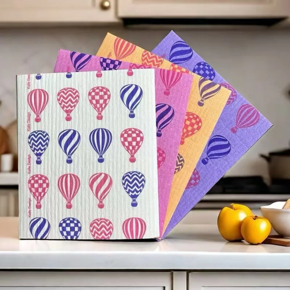 5Pcs Reusable Cellulose Sponge Cloth Colorful with Hot Air Balloon Pattern Swedish Dishcloths Durable Ultra Absorbent Dish Towel