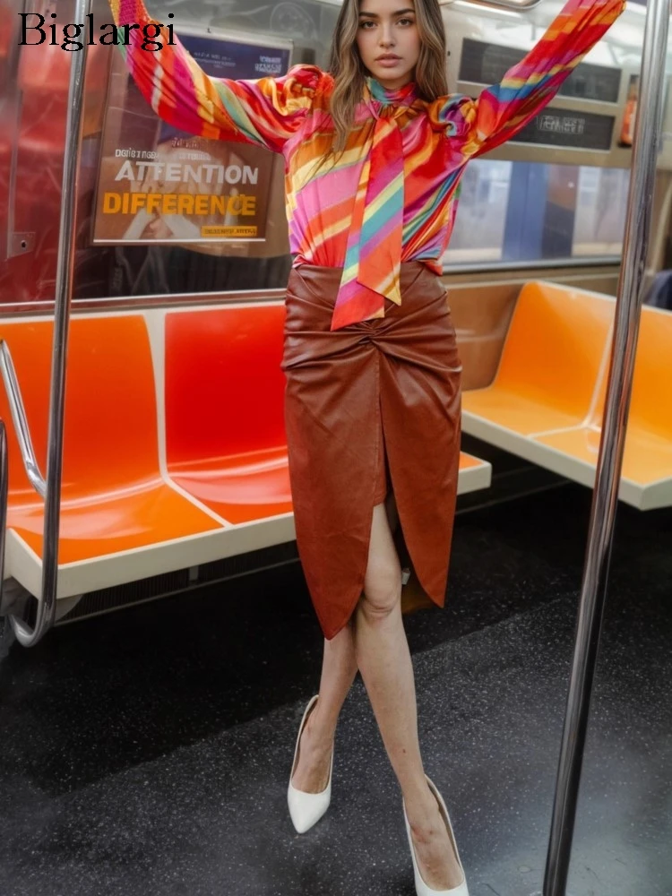 

PU Autumn Midi Skirt Women Irregular Pleated Fashion Sexy Split Ladies Leather Skirts High Waist Korean Style Woman Skirt